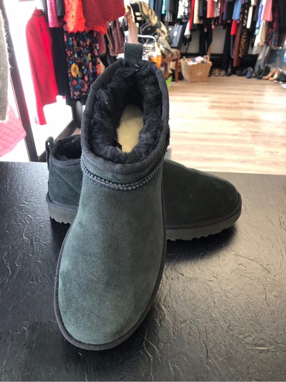 UGG Short Suede Shearling-Lined Ankle Boots in Dark Green